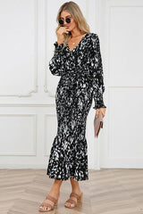 Printed V Neck Smocked Midi Dress - Tevqa