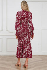 Printed V Neck Smocked Midi Dress - Tevqa