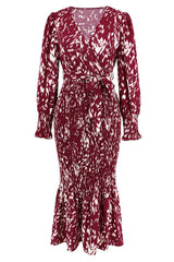 Printed V Neck Smocked Midi Dress - Tevqa