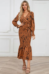Printed V Neck Smocked Midi Dress - Tevqa