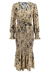 Printed V Neck Smocked Midi Dress - Tevqa