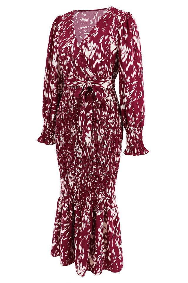 Printed V Neck Smocked Midi Dress - Tevqa