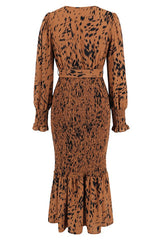Printed V Neck Smocked Midi Dress - Tevqa
