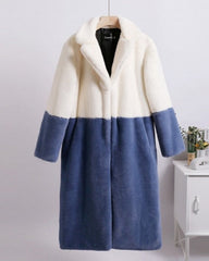 Ella Contrast Colorblock Faux Fur Coat - Elegant Lapel Mid-Length Winter Outerwear