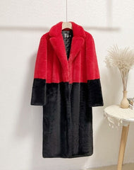 Ella Contrast Colorblock Faux Fur Coat - Elegant Lapel Mid-Length Winter Outerwear
