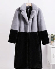 Ella Contrast Colorblock Faux Fur Coat - Elegant Lapel Mid-Length Winter Outerwear