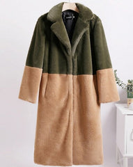 Ella Contrast Colorblock Faux Fur Coat - Elegant Lapel Mid-Length Winter Outerwear