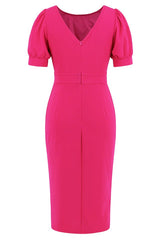 Puff Sleeve Ruffle Slit Bodycon Midi Dress - Tevqa