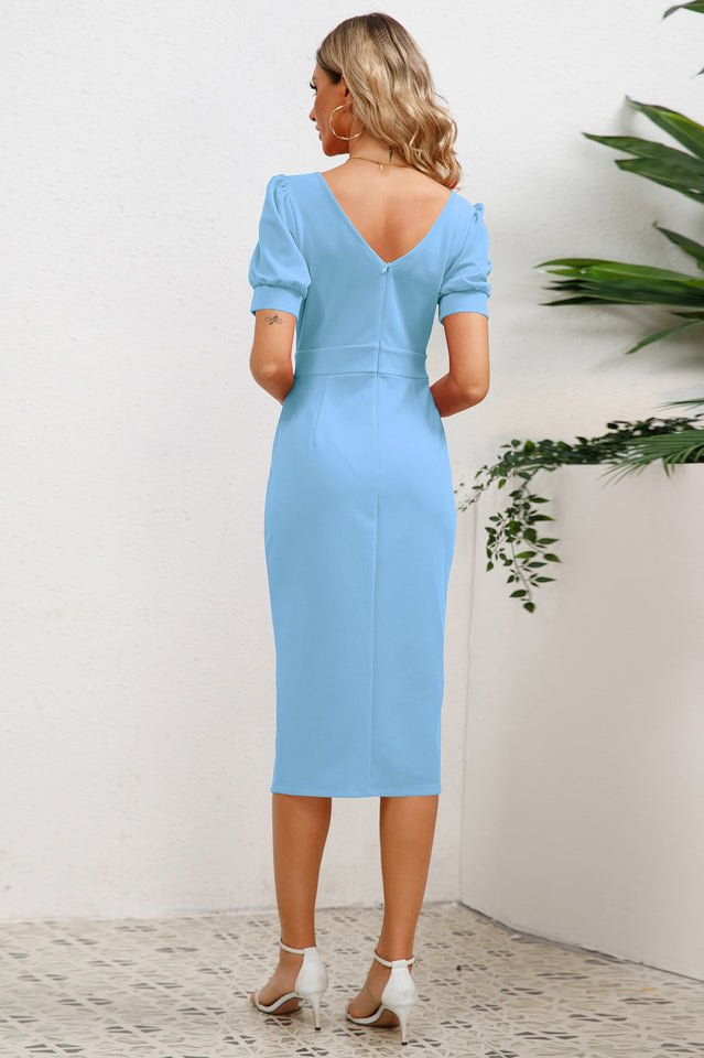 Puff Sleeve Ruffle Slit Bodycon Midi Dress - Tevqa
