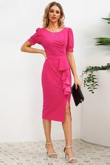 Puff Sleeve Ruffle Slit Bodycon Midi Dress - Tevqa