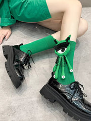 Quirky 3D Big Eye Monster Doll Cotton Mid - Calf Socks - TEVQA