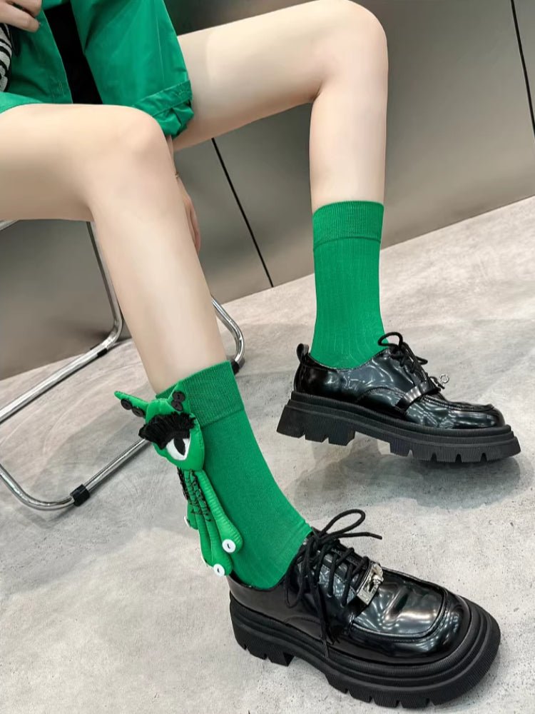 Quirky 3D Big Eye Monster Doll Cotton Mid - Calf Socks - TEVQA