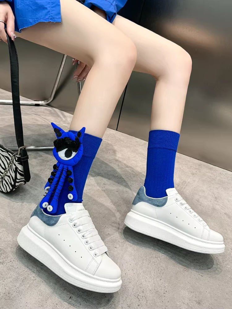 Quirky 3D Big Eye Monster Doll Cotton Mid - Calf Socks - TEVQA