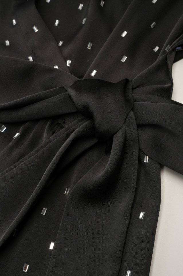 Rhinestone Dotted Collared Belted Midi Dress - Tevqa