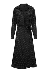 Rhinestone Dotted Collared Belted Midi Dress - Tevqa