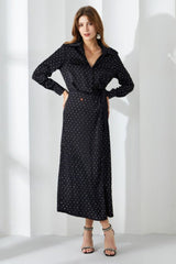Rhinestone Dotted Collared Belted Midi Dress - Tevqa