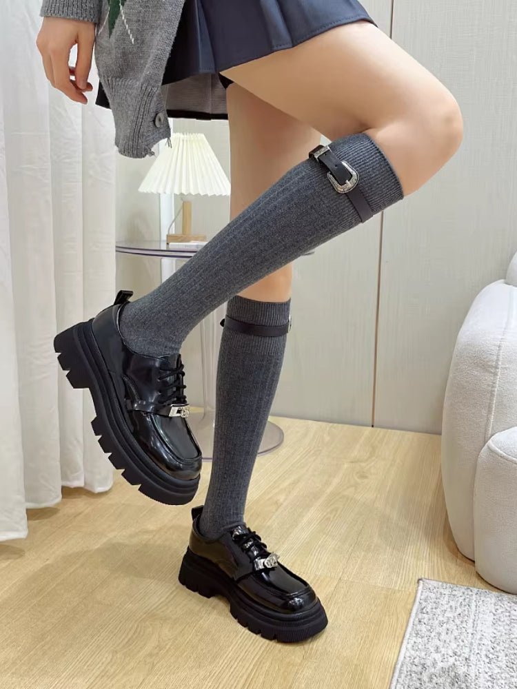 Ribbed Knee High Socks with Buckle Strap Black Preppy Style - TEVQA