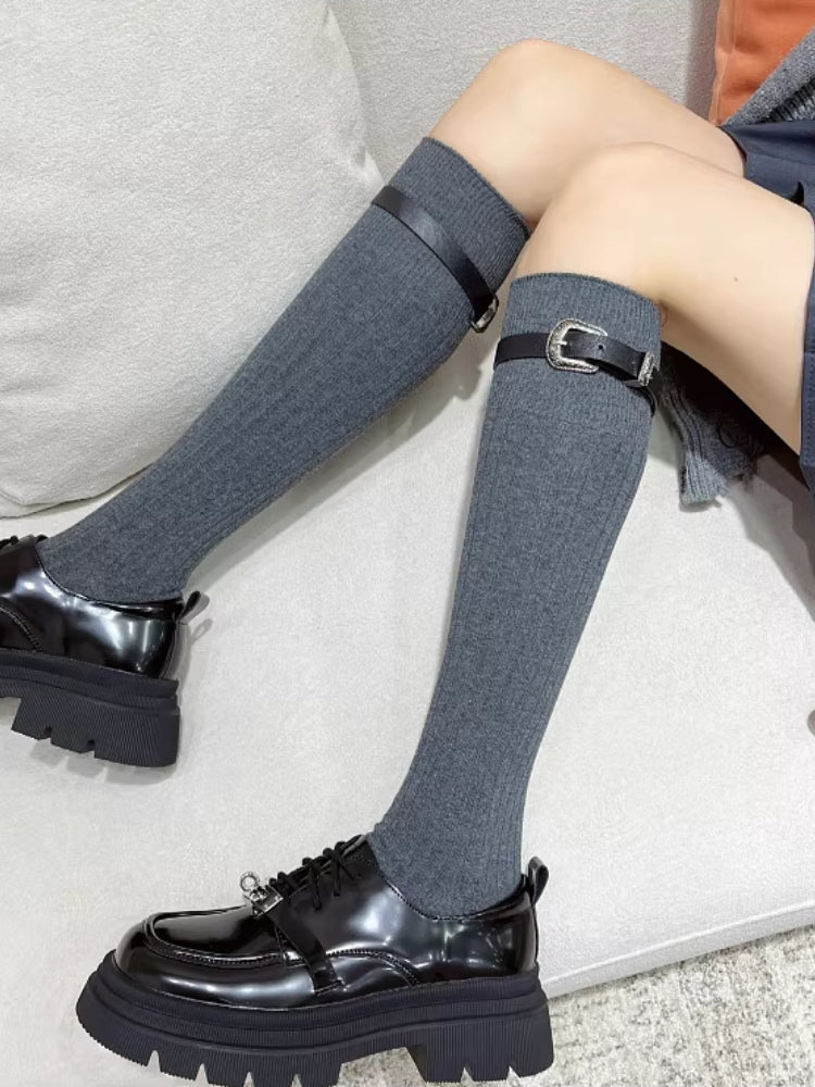 Ribbed Knee High Socks with Buckle Strap Black Preppy Style - TEVQA