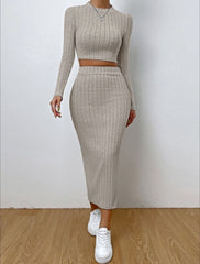 Ribbed Knit Crop Top & Midi Skirt Set - 12 - 29