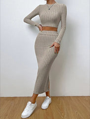Ribbed Knit Crop Top & Midi Skirt Set - 12 - 29