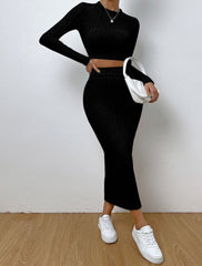 Ribbed Knit Crop Top & Midi Skirt Set - 12 - 29