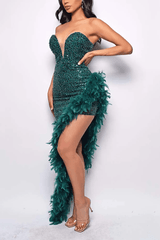 Sequin Feather Trimmed Dress - Tevqa