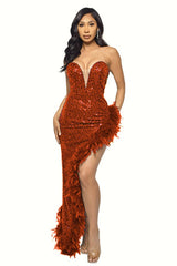 Sequin Feather Trimmed Dress - Tevqa