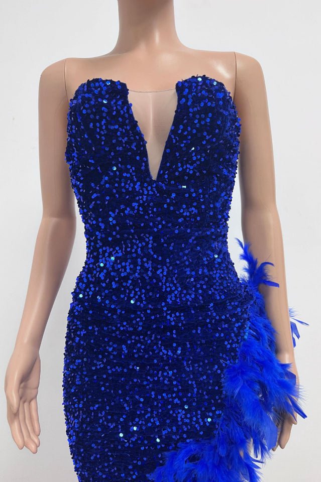 Sequin Feather Trimmed Dress - Tevqa