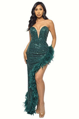 Sequin Feather Trimmed Dress - Tevqa