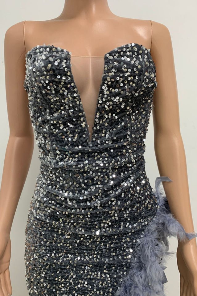 Sequin Feather Trimmed Dress - Tevqa