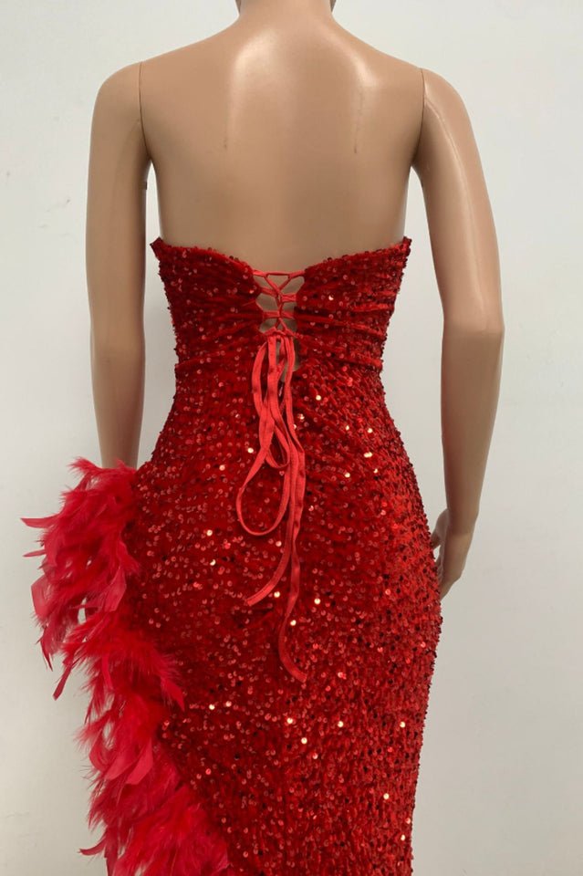 Sequin Feather Trimmed Dress - Tevqa