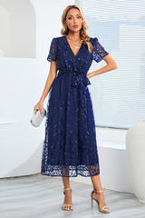 Sequin Leaf Embroidery Tie Front Dress - Tevqa