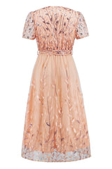 Sequin Leaf Embroidery Tie Front Dress - Tevqa