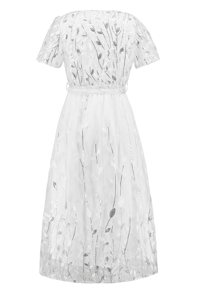 Sequin Leaf Embroidery Tie Front Dress - Tevqa