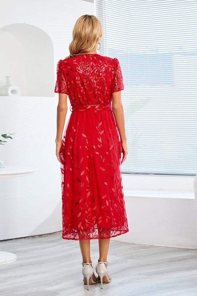 Sequin Leaf Embroidery Tie Front Dress - Tevqa