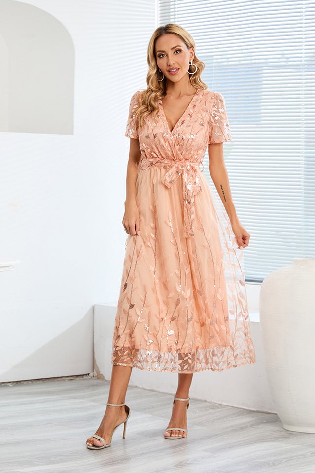 Sequin Leaf Embroidery Tie Front Dress - Tevqa