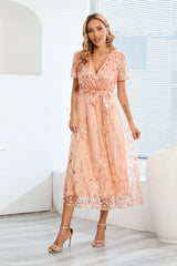 Sequin Leaf Embroidery Tie Front Dress - Tevqa