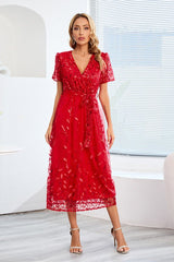 Sequin Leaf Embroidery Tie Front Dress - Tevqa