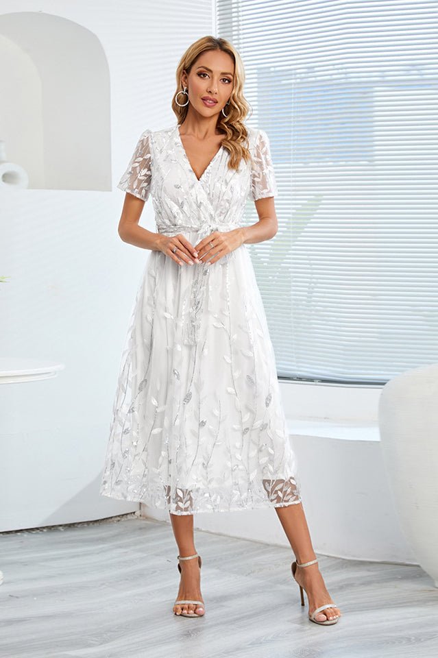 Sequin Leaf Embroidery Tie Front Dress - Tevqa