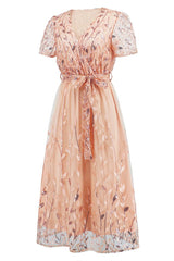 Sequin Leaf Embroidery Tie Front Dress - Tevqa