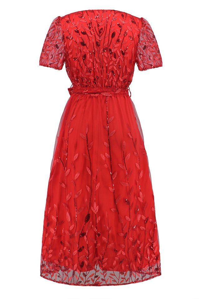 Sequin Leaf Embroidery Tie Front Dress - Tevqa