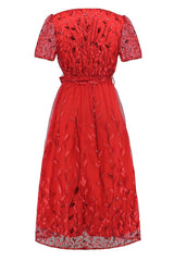 Sequin Leaf Embroidery Tie Front Dress - Tevqa