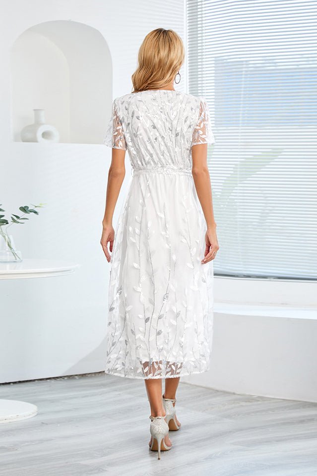 Sequin Leaf Embroidery Tie Front Dress - Tevqa