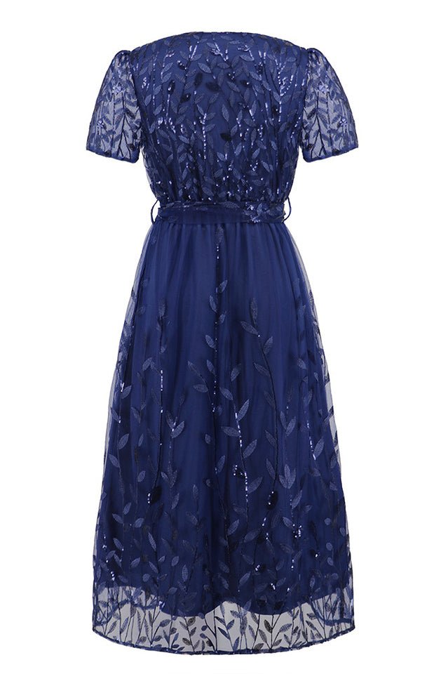 Sequin Leaf Embroidery Tie Front Dress - Tevqa
