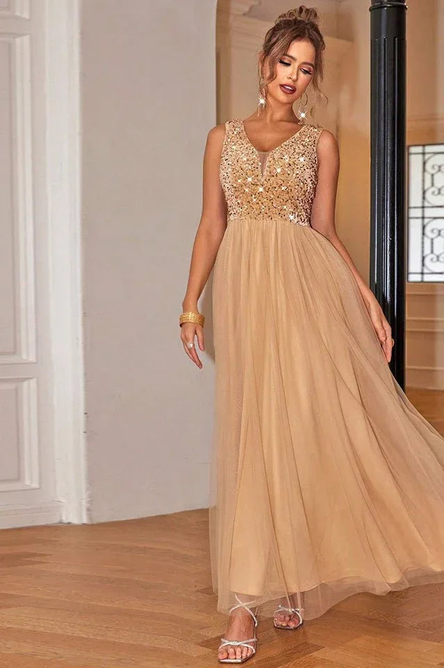 A-line formal dress with sequined bodice and tulle skirt - View 6 | TEVQA