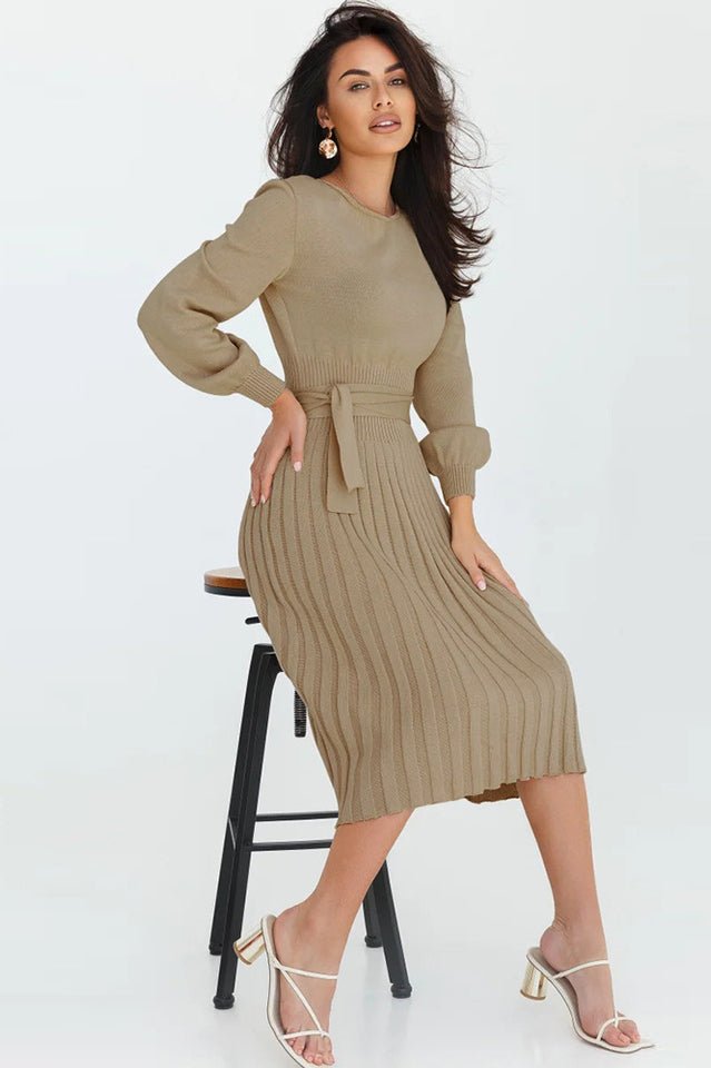 Sheath Ruched Long Sleeve Knit Dress - Tevqa
