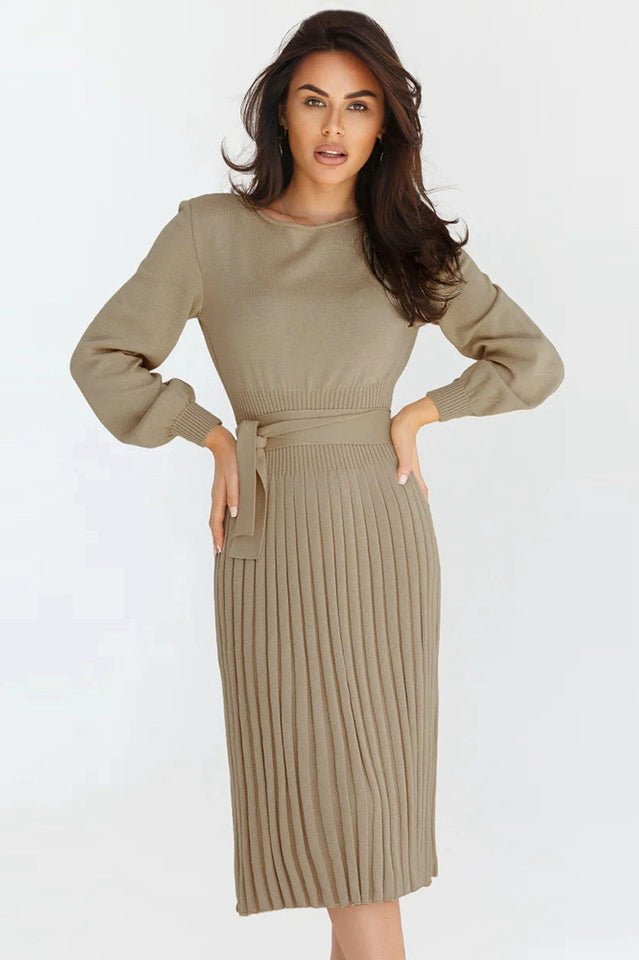 Sheath Ruched Long Sleeve Knit Dress - Tevqa