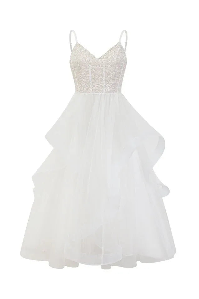 White tiered tulle evening dress with lace bodice - front view