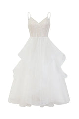 White tiered tulle evening dress with lace bodice - front view