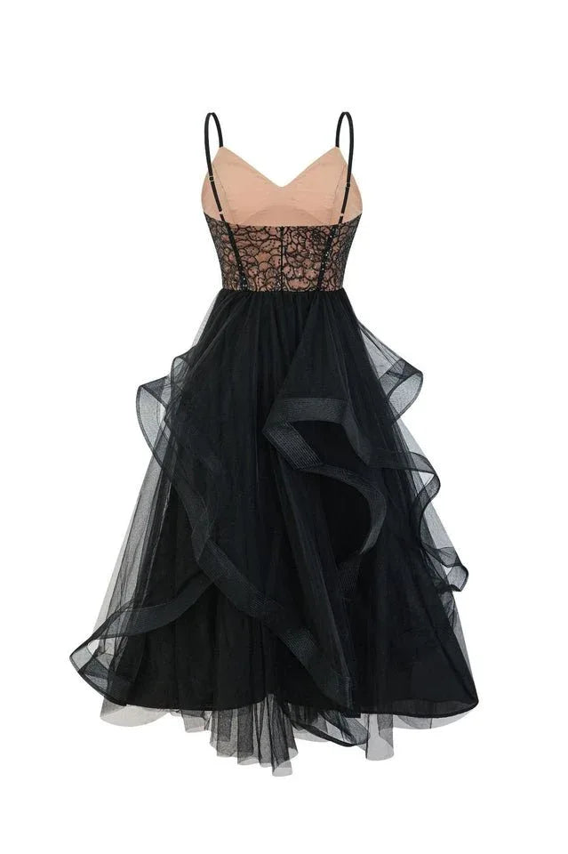 Black tiered tulle evening dress with lace bodice - back view